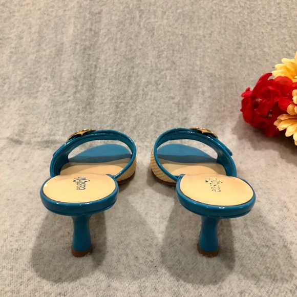 NWT - East Fifth Turquoise Patent & Cream Slip-on Sandals with Kitten Heels - Picture 5 of 16